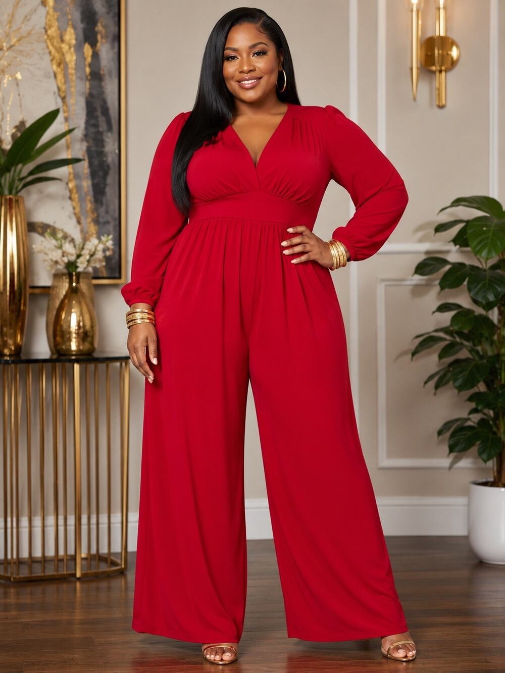 JAI Red Jersey Knit Wide-Leg Jumpsuit | 2X/3X | Empire Waist | Dressy Casual